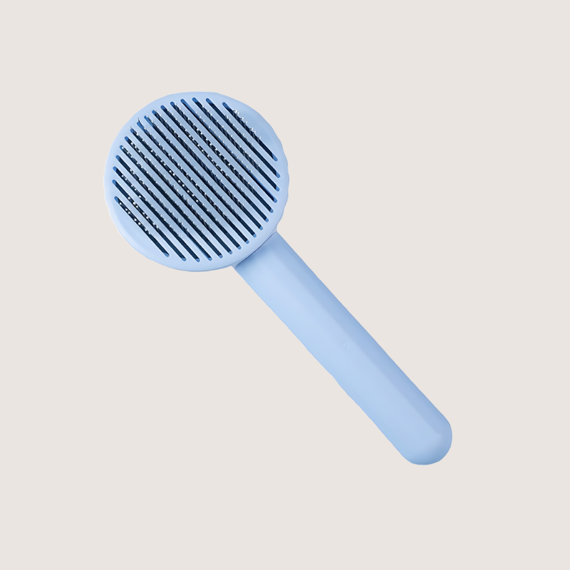 Baby blue stainless-steel slicker brush for small to medium-sized pets. Equipped with a comfortable anti-slip handle and flexible 60-degree bristles for tangle-free grooming and easy hair disposal.