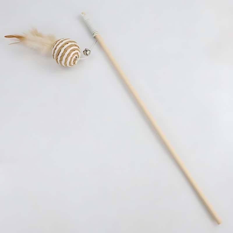 Eco-Friendly Cat Teaser Wand with Ball Feather Design - Elevate playtime with sustainable materials and engaging features like a wooden handle, elastic rope, and prey-mimicking bell. Strengthen your bond and keep your cat happy, active, and healthy. Shop now with our 30-day money-back guarantee!