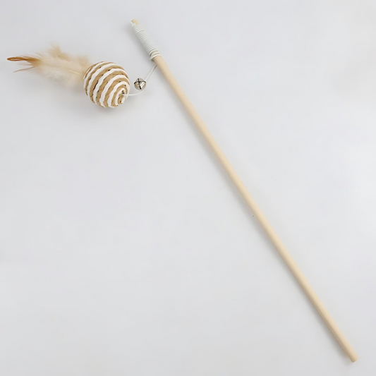 Eco-Friendly Cat Teaser Wand with Ball Feather Design - Elevate playtime with sustainable materials and engaging features like a wooden handle, elastic rope, and prey-mimicking bell. Strengthen your bond and keep your cat happy, active, and healthy. Shop now with our 30-day money-back guarantee!