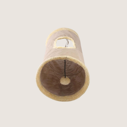 Front view of the beige cat tunnel, includes a dropdown ball toy. Made from durable suede, suitable for small to medium cats, with a diameter of 25 cm and length of 50 cm.