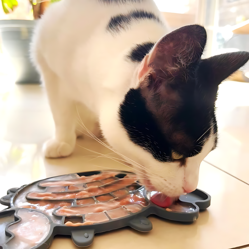 Black and white domestic cat licking our grey crab-shaped lick mat, which measures 11.7CM x 20.1CM. The mat features suction cups at the back and is made from food-grade, BPA-free silicone. It’s freezer and dishwasher safe, designed to promote slower eating and better digestion.