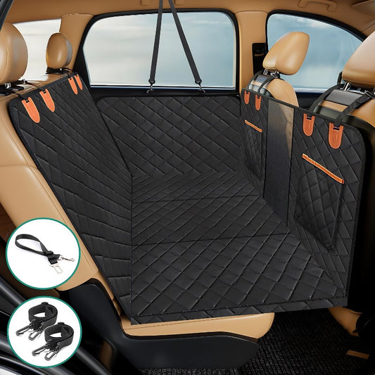 Black Waterproof Dog Car Seat Cover - Durable oxford 600D fabric with PVC, anti-slip backing, and a mesh section for ventilation. Includes seat belt opening, side straps for extra security, and machine washable for easy cleaning.