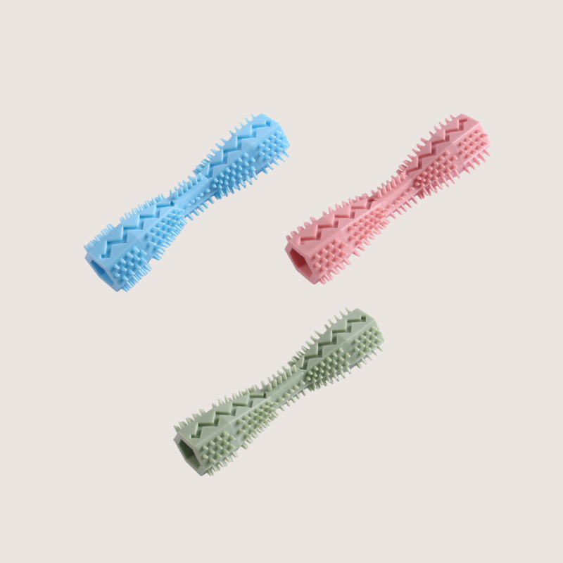 All Three Colours Rubber Chew Toys for Dogs: Collection of pink, blue, and green 14.2CM long and 3.6CM wide rubber chew toys for dogs, designed to promote oral health and interactive play.