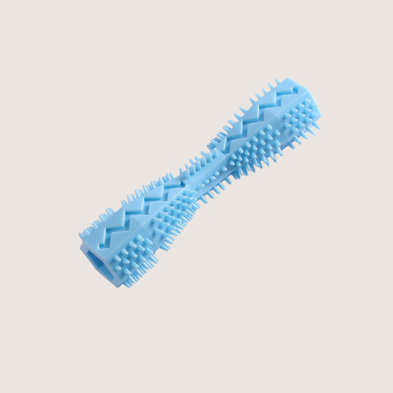 Blue Rubber Chew Toy for Dogs: Its flexible, textured surfaces gently scrub teeth and gums, reducing plaque buildup and providing comfort. Keep your dog engaged and happy with this 14.2CM long and 3.6CM wide toy, easing their stress while promoting good oral health.