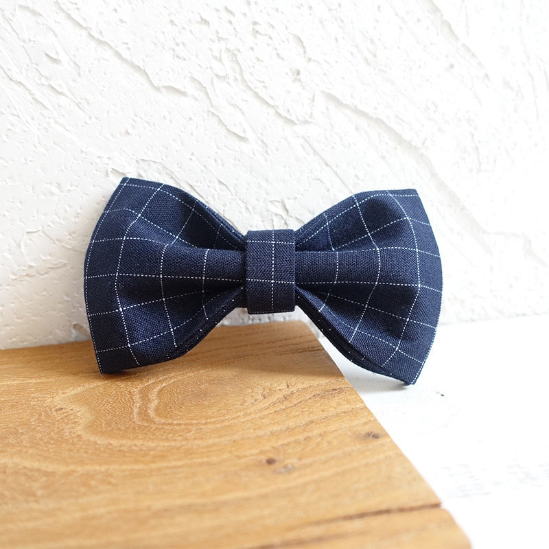 Navy Gingham Dog Collar Bow Tie Set