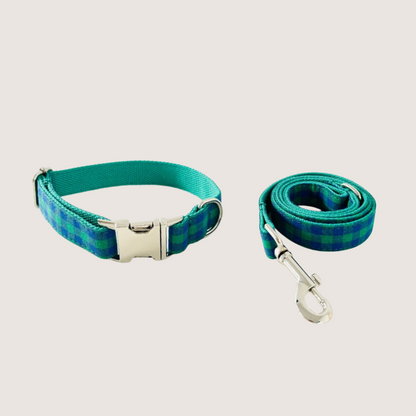 Complete Teal Gingham Dog Set with collar and lead, crafted for comfort and style, featuring durable hardware, adjustable fit, and 360 swivel anti-tangle lead.