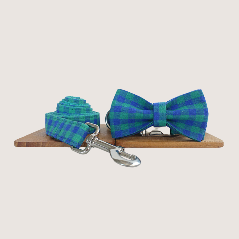 Complete Teal Gingham Dog Set with collar, lead, and detachable bow tie, ensuring stylish coordination, comfort, and 360 swivel anti-tangle lead for your dog.