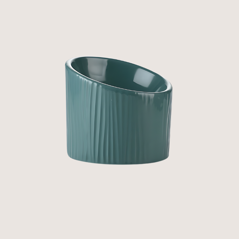 Dark green ceramic pet bowl featuring bark-like textures, dishwasher safe. Elevated design relieves neck and spine pressure, measures 15.5CM wide, 14.5CM back height, 10CM front height, 170ML capacity