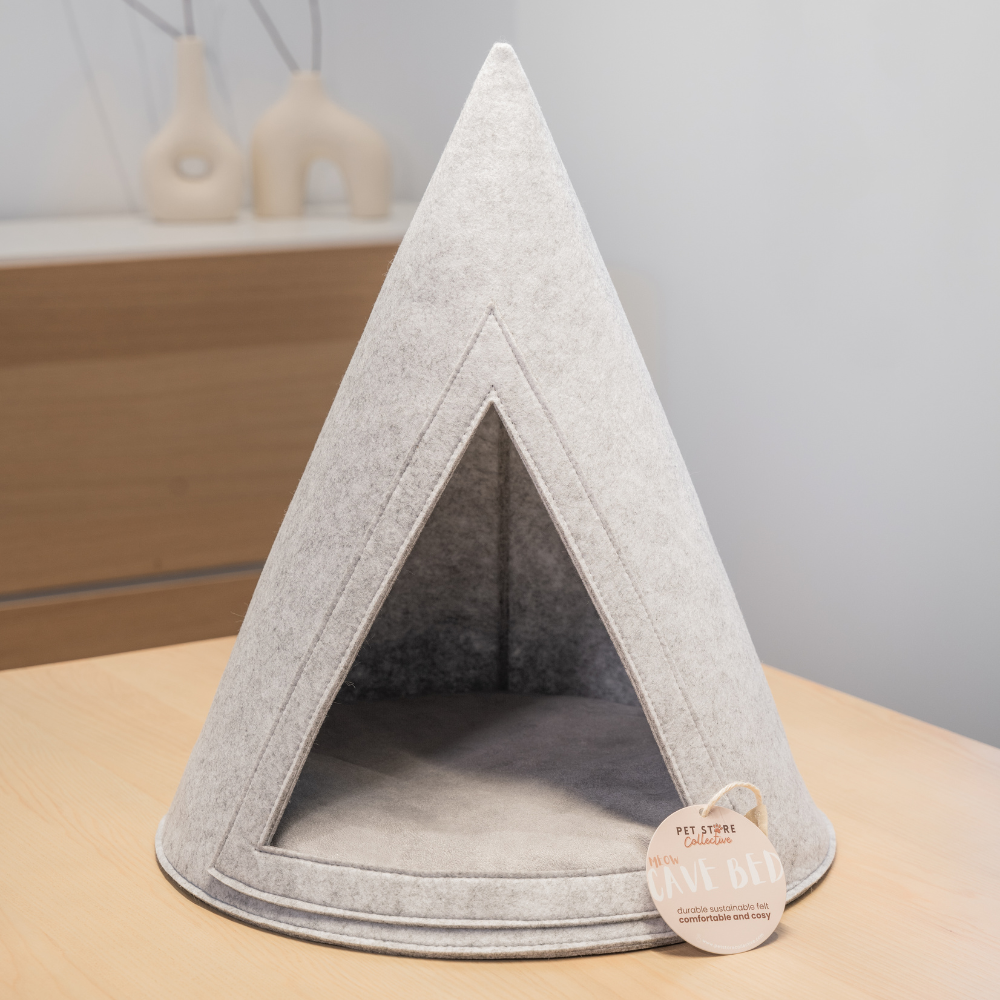 Our Eco-Friendly Meow Cat Cave Bed in light grey, crafted from breathable, 100% recycled felt in a compact 37x37x45 cm design, perfect for a cosy and secure cat retreat.