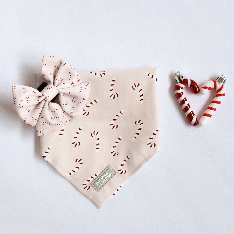 Exclusive Candy Cane Pet Bandana & Bow Tie Set with red-striped candy canes on a soft beige base. Bandana fits neck sizes 25-47cm, bow tie 9x6cm. Limited edition from Pet Store Collective.