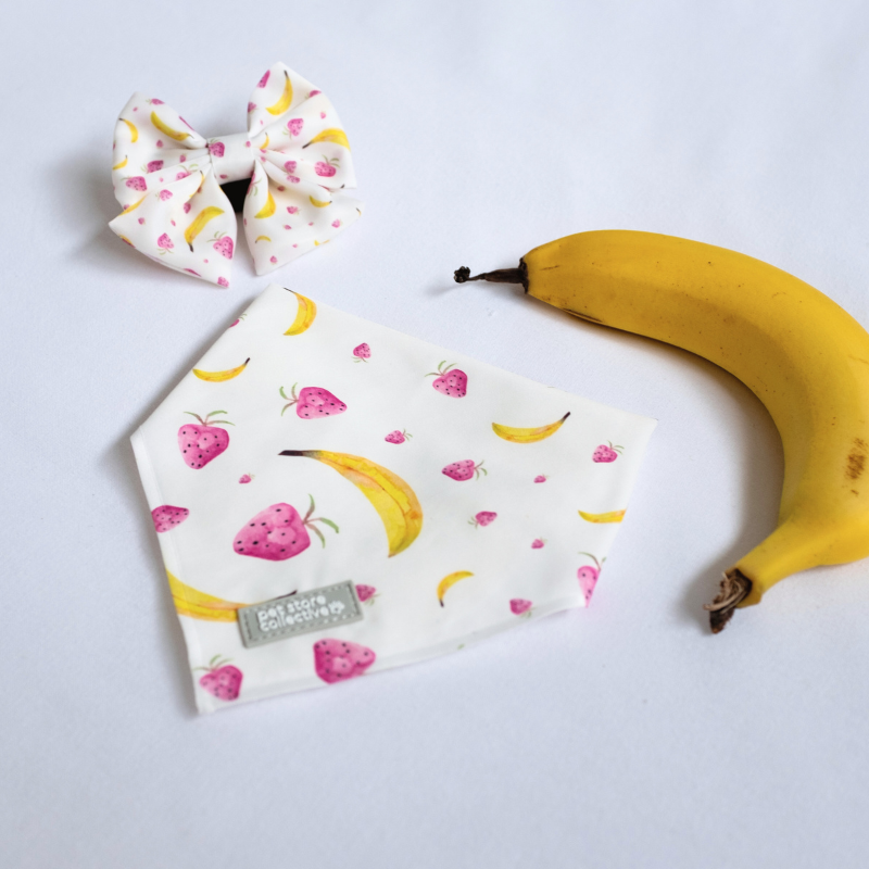 Go bananas with this exclusive design by Pet Store Collective! Tropical fruit pet set featuring bananas and strawberries, displayed on a white background (S/M, 25-47cm neck size, bow tie L 9cm x H 6cm), perfect for small-to-medium dogs and cats.