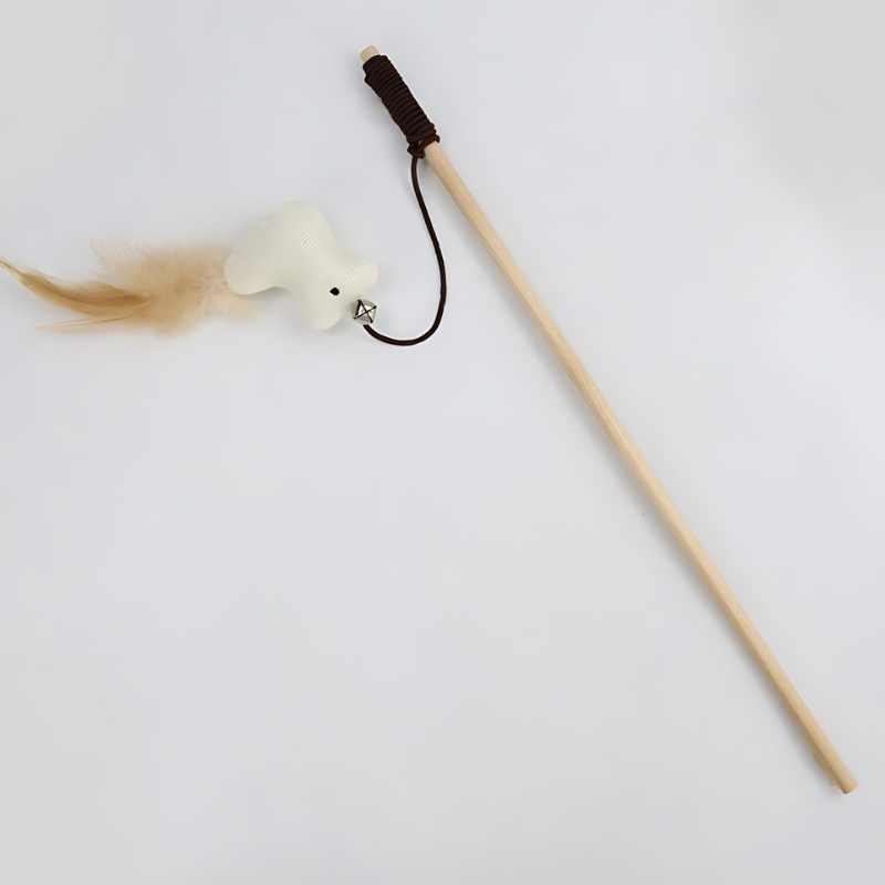 Eco-Friendly Cat Teaser Wand with Feather Chick Design - Elevate playtime with sustainable materials and engaging features like a wooden handle, elastic rope, and prey-mimicking bell. Strengthen your bond and keep your cat happy, active, and healthy. Shop now with our 30-day money-back guarantee!