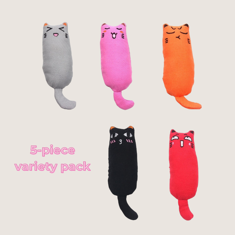 5-Pack Catnip Toys - Engage your cat with this 5-pack of catnip toys (15cm) in playful grey, pink, orange, red, and black. Filled with natural catnip to ignite playtime and satisfy your cats hunting instincts. Made from high-quality, durable linen and cotton.