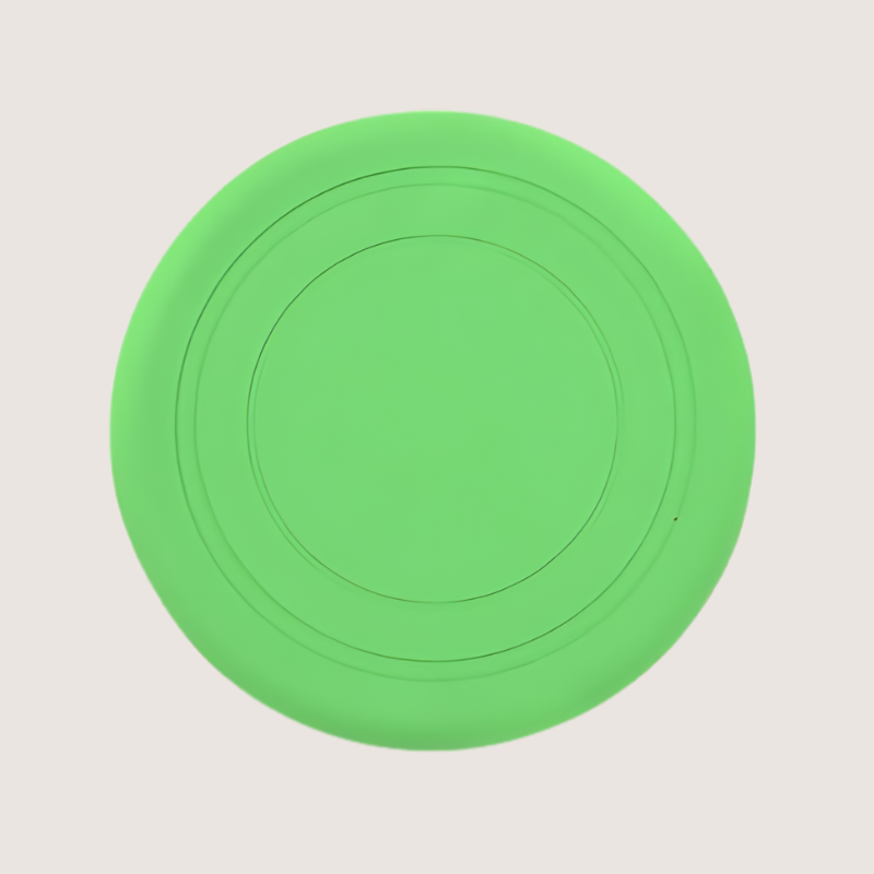 Green silicone dog frisbee, 18cm x 18cm, made from flexible, BPA-free, food-grade silicone. Durable and bite-resistant, ideal for chewers and active play.