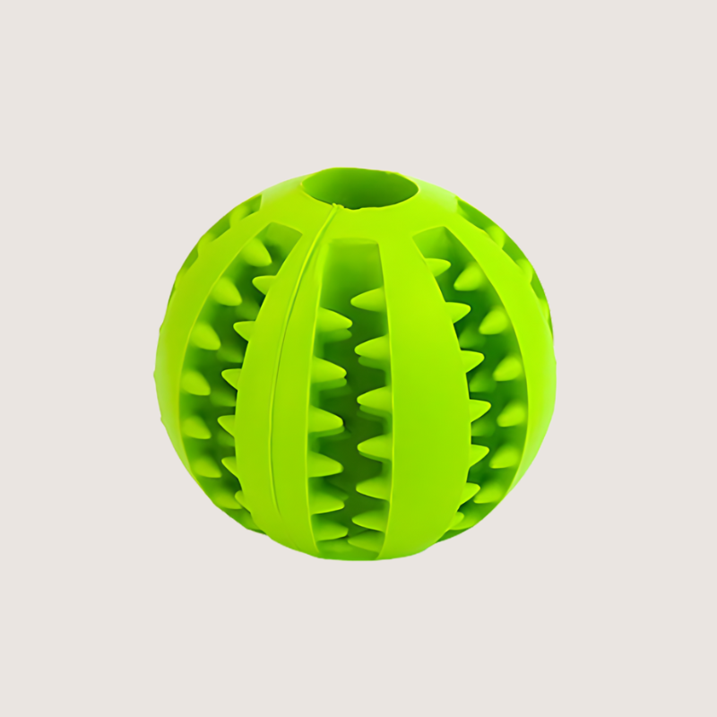 Green Interactive Treat Ball Toy: Say Goodbye to Plaque with our green interactive treat ball toy. This soft, bite-resistant toy is perfect for holding treats, cleaning teeth, and providing endless fun. Available in two sizes: Small (S) with a 5CM circumference and Medium (M) with a 7CM circumference. Keep your dog's teeth clean and their mind active.