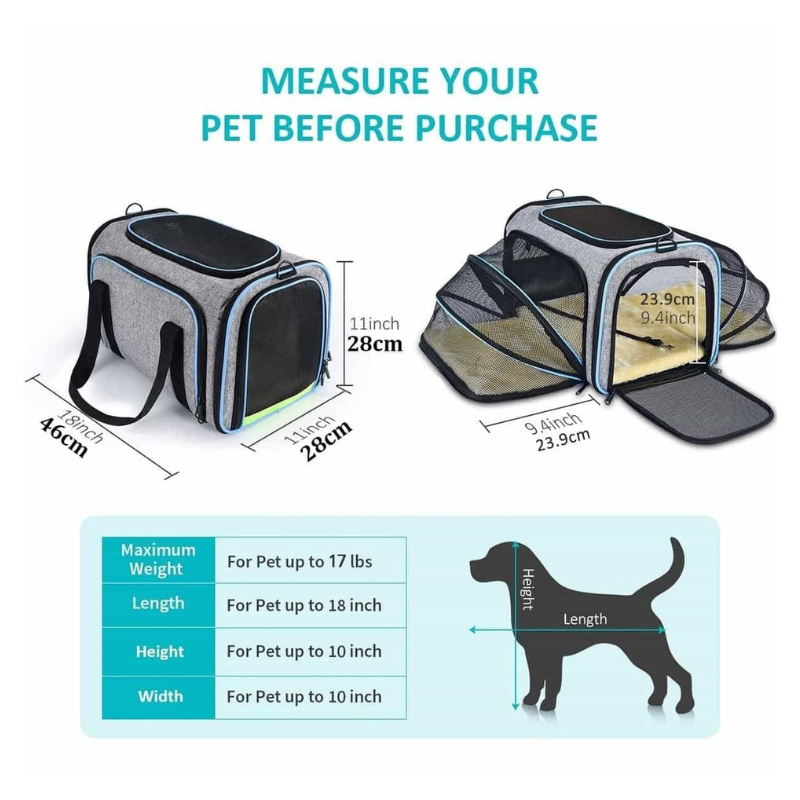 Sizing Guide: Grey Pet Carrier with Blue Rim - Length: 46CM, Width: 28CM, Height: 28CM. Front Entrance Height: 23.9CM. Each side unzips for an expandable width of 23.9CM. Perfect for small pets, expandable for extra comfort, with mesh windows and detachable pad. Reflective band for nighttime use. Collapsible for easy storage. 30-day money-back guarantee.