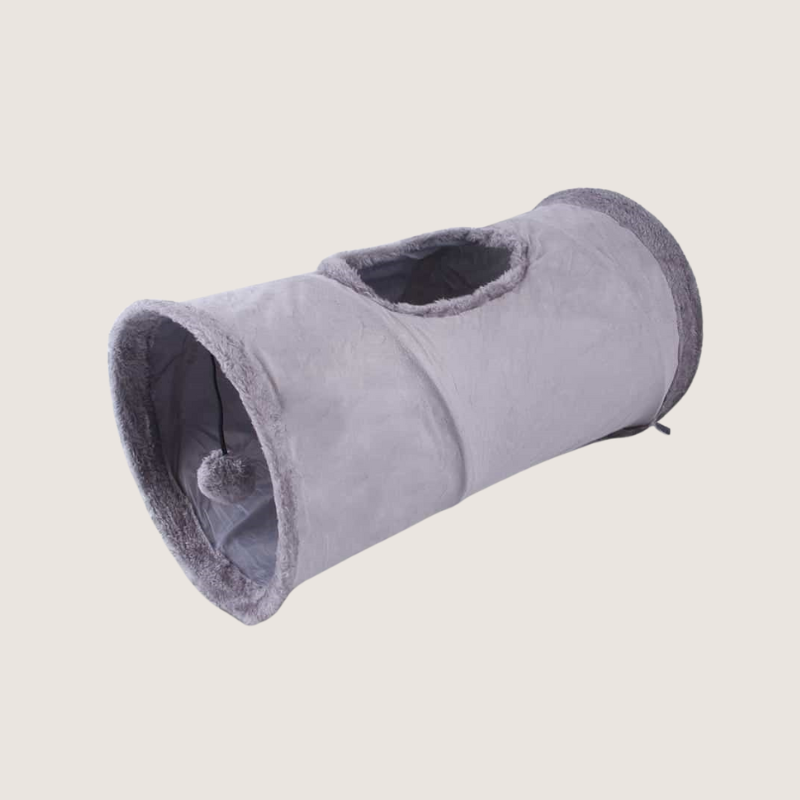 Grey cat tunnel crafted from durable suede, collapsible for convenient storage. Ideal for small to medium cats, measures 25 cm in diameter and 50 cm in length, with a dropdown ball toy.