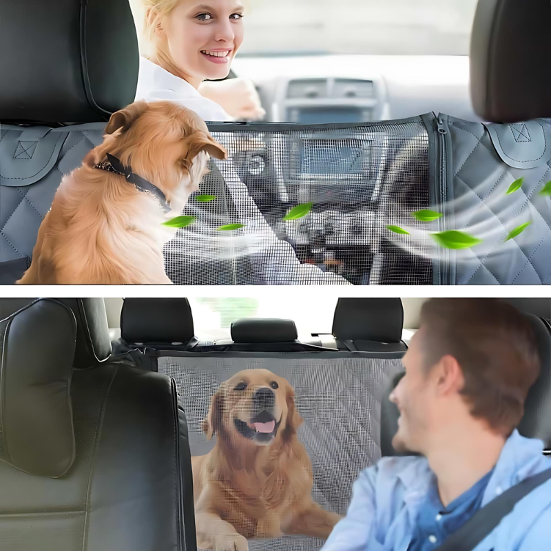 Our grey dog car seat cover with a mesh window for air ventilation ensures a comfortable ride for your pet, while protecting the car seats from dirt and pet hair.