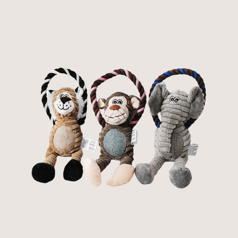 Durable animal chew toys for dogs: plush and rope designs include Lion, Elephant, and Monkey. Promotes dental health and mental stimulation, ideal for fetch, tug-of-war, and training.