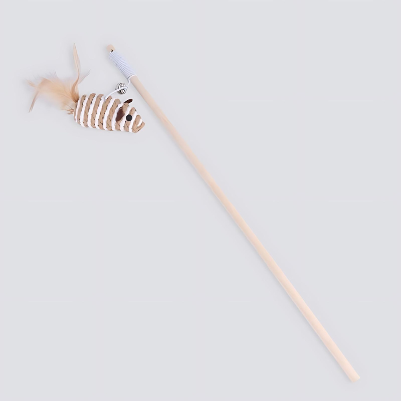 Eco-Friendly Cat Teaser Wand with Mouse Feather Design - Elevate playtime with sustainable materials and engaging features like a wooden handle, elastic rope, and prey-mimicking bell. Strengthen your bond and keep your cat happy, active, and healthy. Shop now with our 30-day money-back guarantee!