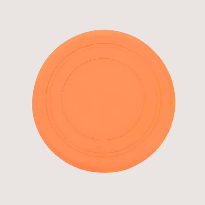 Orange silicone dog frisbee, 18cm x 18cm, made from flexible, BPA-free, food-grade silicone. Durable and chew-resistant, great for keeping your dog active and engaged.