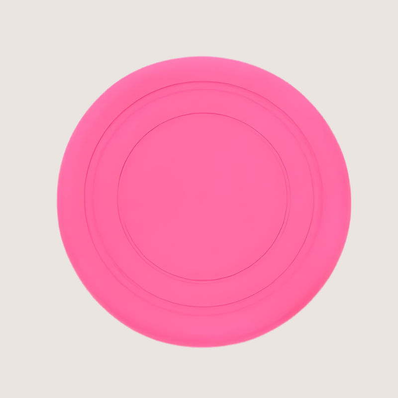 Pink silicone dog frisbee, 18cm x 18cm, made from flexible, BPA-free, food-grade silicone. Durable and chew-resistant, great for playtime and exercise.