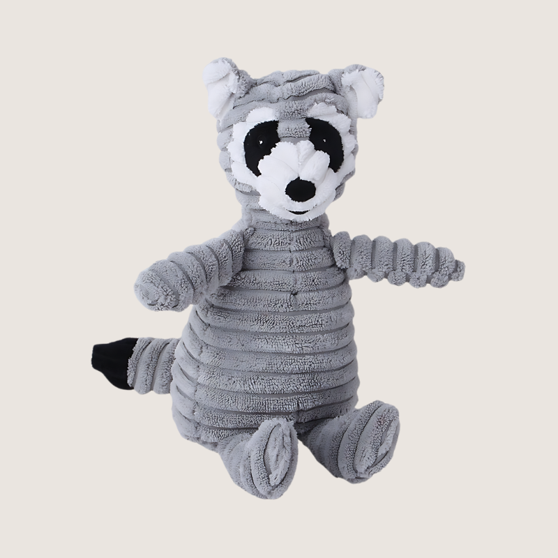 Charming Animal Squeaker Toys Promote Dental Health! Durable corduroy raccoon toy satisfies chewing instincts while stimulating teeth and gums for a healthier smile. Perfect for cuddles and playtime!