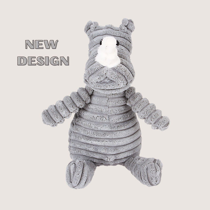 Charming Animal Squeaker Toys Promote Dental Health! Durable corduroy rhinoceros toy satisfies chewing instincts while stimulating teeth and gums for a healthier smile. Perfect for cuddles and playtime!