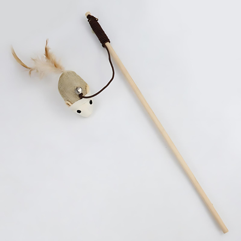 Eco-Friendly Cat Teaser Wand with Sisal Mouse Design - Elevate playtime with sustainable materials and engaging features like a wooden handle, elastic rope, and prey-mimicking bell. Strengthen your bond and keep your cat happy, active, and healthy. Shop now with our 30-day money-back guarantee!