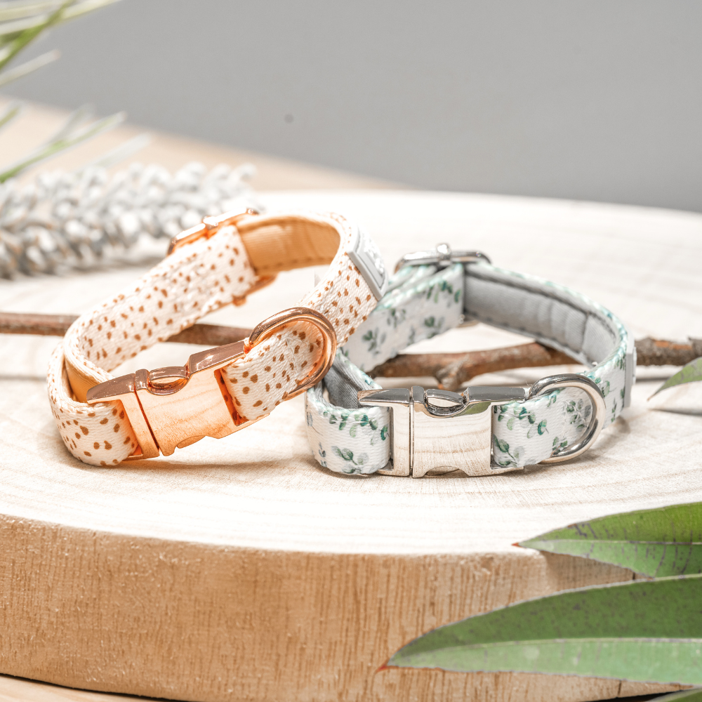 Gum Leaves and Speckled Safety Meow Cat Collars displayed together. The Gum Leaves collar features delicate eucalyptus leaves, adjustable fit for neck sizes 20 cm to 30 cm, safety release buckle, and metal alloy hardware. The Speckled collar offers a unique amber speckled pattern. Both collars include a D-ring for ID tags, designed for kittens and adult cats with comfort and style, and showcase a subtle rectangle light grey Pet Store Collective logo with white text, supporting independent artists.
