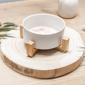White Cloud Ceramic Pet Bowl with a bamboo base, 19.5 cm in length and 9 cm in height, filled with food. The bowl holds 3.6 cups (850 ml), features high edges to minimise spills, and is dishwasher-safe. The white finish and bamboo base include an embossed Pet Store Collective logo inside the bottom for a touch of elegance.