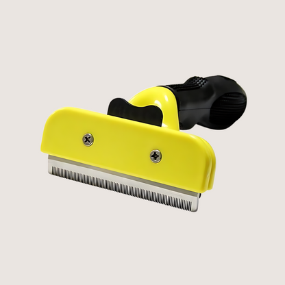 Yellow deshedding brush with ergonomic handle and stainless-steel comb, effectively removing loose pet hair. Ideal for a comfortable grooming experience.