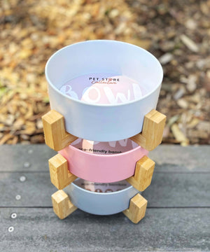 Video showcasing Silver Mist, White  and Petal Pink ceramic pet bowls with bamboo base by Pet Store Collective.
