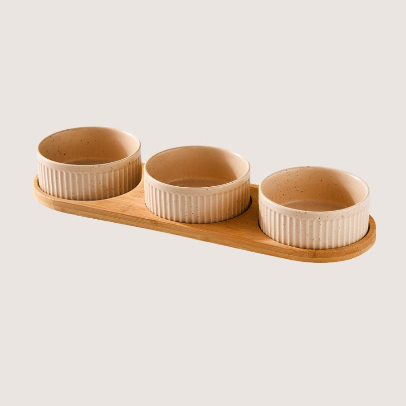 Earthy Pastel Three Bowls with Base:  Stylish ceramic bowls with eco-friendly bamboo bases provide convenience and hygiene for your home. Available in single bowl with bamboo base, two bowls with base, three bowls with bamboo base, and single pet bowls on their own. Anti-slip bamboo bases prevent spills, while dishwasher-safe design simplifies cleanup. Elevate your pet's dining experience with these high-quality, antibacterial bowls, ensuring style and functionality in every meal.