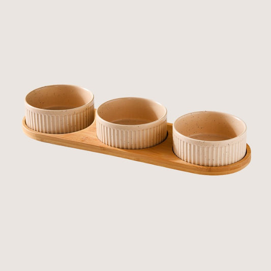 Earthy Pastel Three Bowls with Base:  Stylish ceramic bowls with eco-friendly bamboo bases provide convenience and hygiene for your home. Available in single bowl with bamboo base, two bowls with base, three bowls with bamboo base, and single pet bowls on their own. Anti-slip bamboo bases prevent spills, while dishwasher-safe design simplifies cleanup. Elevate your pet's dining experience with these high-quality, antibacterial bowls, ensuring style and functionality in every meal.