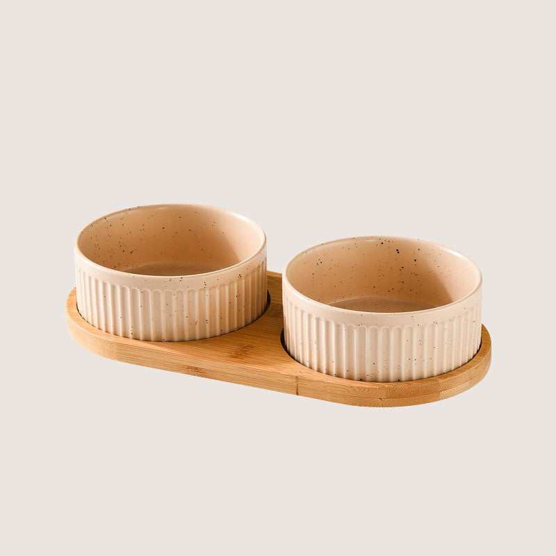 Earthy Pastel Two Bowls with Base: Stylish ceramic bowls with eco-friendly bamboo bases provide convenience and hygiene for your home. Available in single bowl with bamboo base, two bowls with base, three bowls with bamboo base, and single pet bowls on their own. Anti-slip bamboo bases prevent spills, while dishwasher-safe design simplifies cleanup. Elevate your pet's dining experience with these high-quality, antibacterial bowls, ensuring style and functionality in every meal.