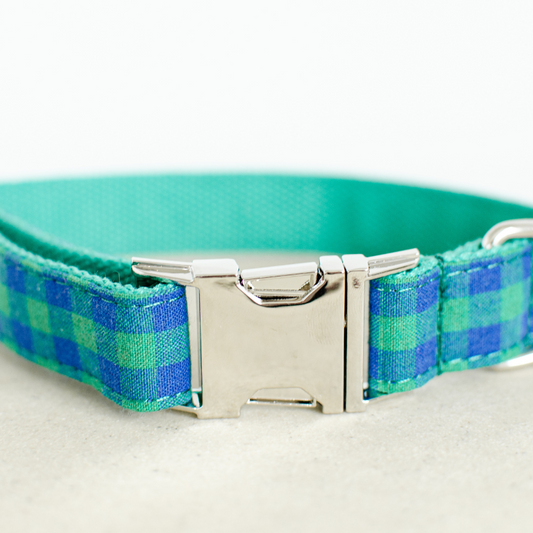 Collar Zinc Alloy Buckle:  Our Teal Gingham Collar Collection with a detachable bow tie, designed to elevate your pup's style with vibrant colour and charm. Crafted from durable materials with zinc alloy hardware. Adjustable sizing for comfort with a D-ring for lead attachment. Tailored size options available for dogs of all breeds. Complete Teal Gingham Collection includes collar, bow tie, and lead for a cohesive look on any occasion. Shop now to enhance your pet's style and comfort!